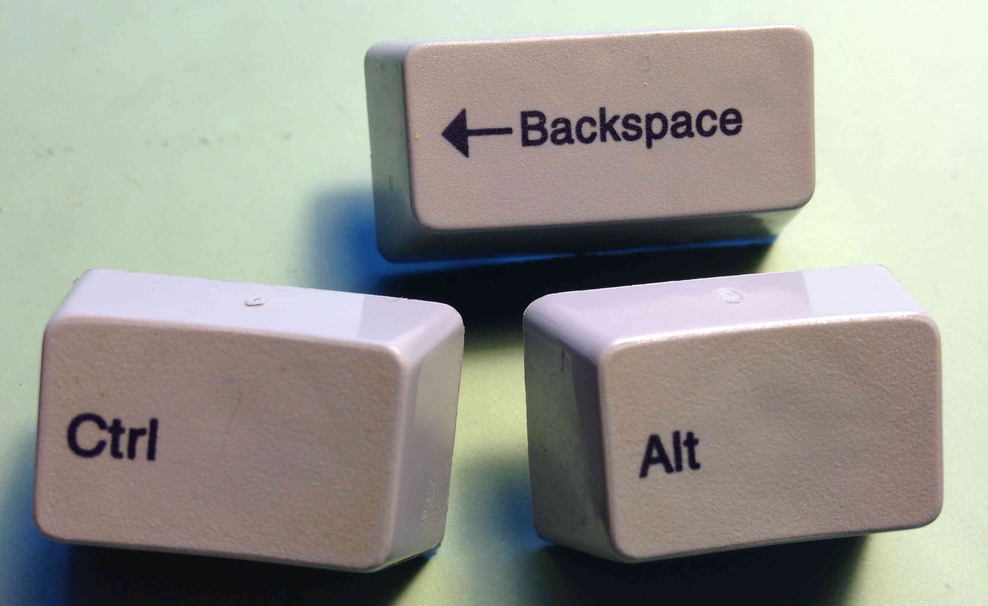 Keys arranged to spell out Control-Alt-Backspace.