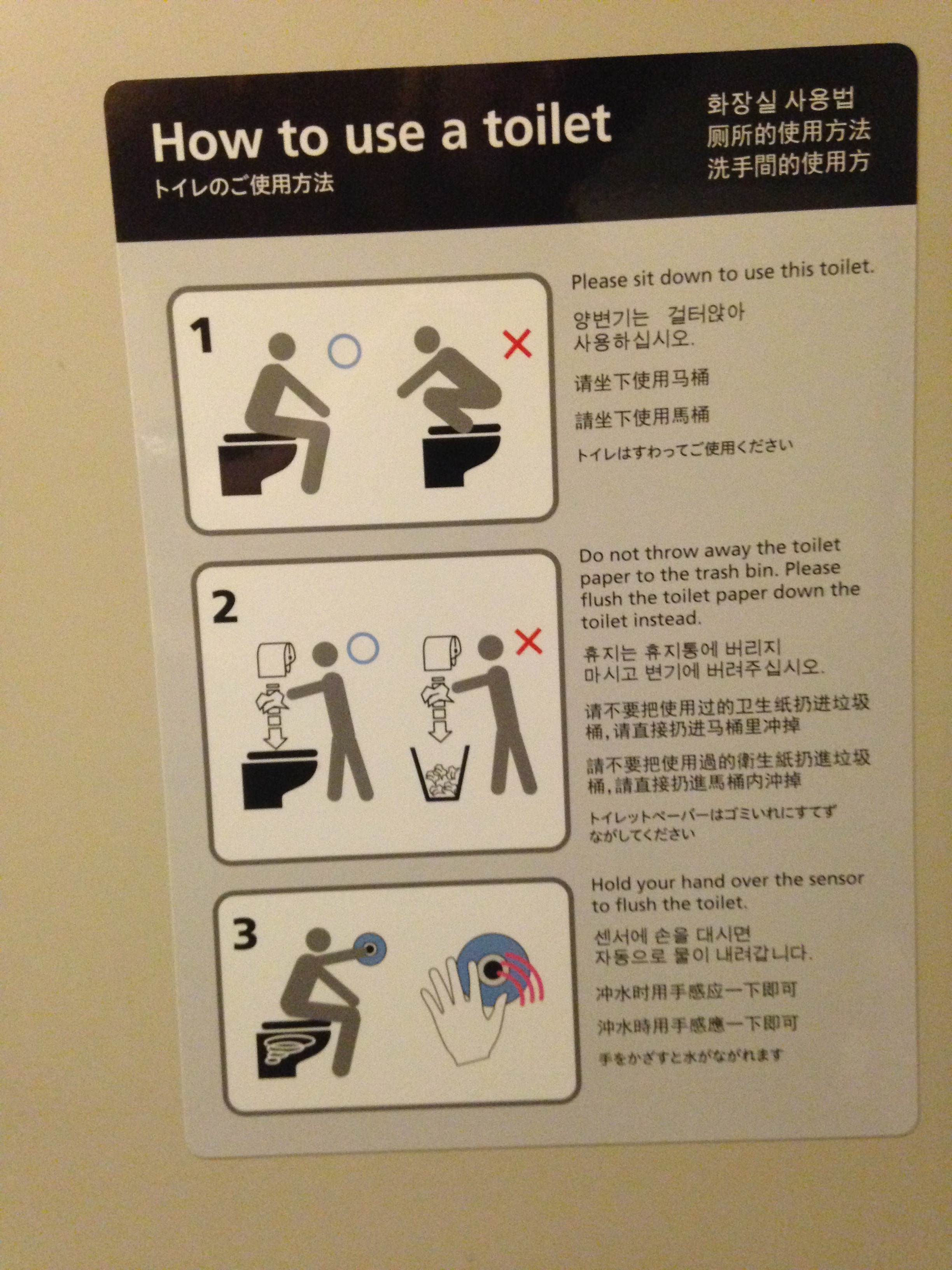 Three annotated pictures under the heading “How to use a toilet”, annotated in English, Korean, Japanese, and several more. Picture 1: An “OK” (blue circle) picture of a person sitting on a toilet, next to a “bad” (red X) picture of a person squatting on a toilet facing the wall. The English text reads “Please sit down to use this toilet.” Picture 2: An “OK” picture of a person taking toilet paper from a roll above the toilet and placing it in the toilet, and a “bad” picture of a person taking toilet paper from a roll above a trash can and placing it in the trash can. The text reads “Do not throw away the toilet paper to the trash bin. Please flush the toilet paper down the toilet instead.” Picture 3: A person places their hand over a blue circular target on the wall, with waves emanating from it, and the toilet shows circles indicating flushing. The text reads “Hold your hand over the sensor to flush the toilet.”
