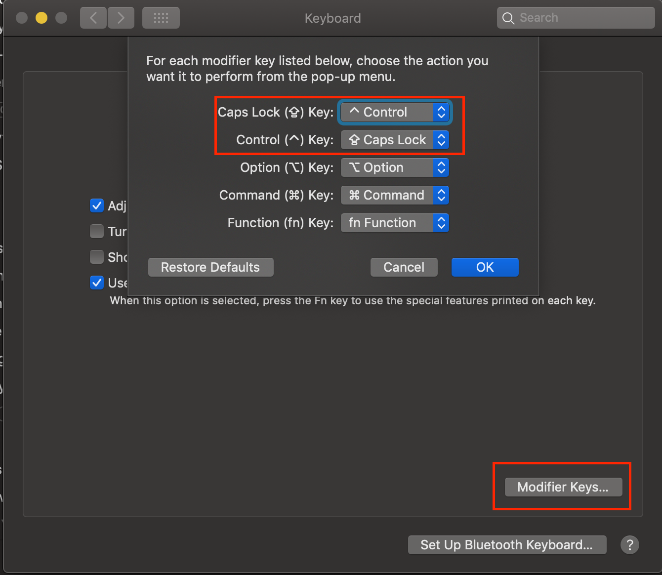 A picture of the Modifiers dialog box where you make these setting changes.