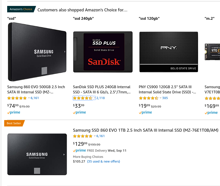 SSDs for sale on Amazon, 500GB, 240GB, 120GB, and 1TB, and associated prices, $74.99, $33.99, $19.99, and $129.99.